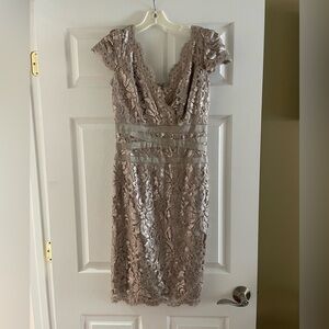 Tadashi Shoji Taupe Lace Midi Dress with Sheer Waist Panels
